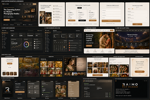 The RAIMO studio workspace: events, client selections, AI photo finding and bookings in one interface